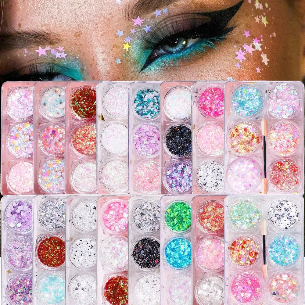 Rave Glow 6-Piece Glitter Gel Set featuring vibrant glitter gels in jars for face and body makeup.