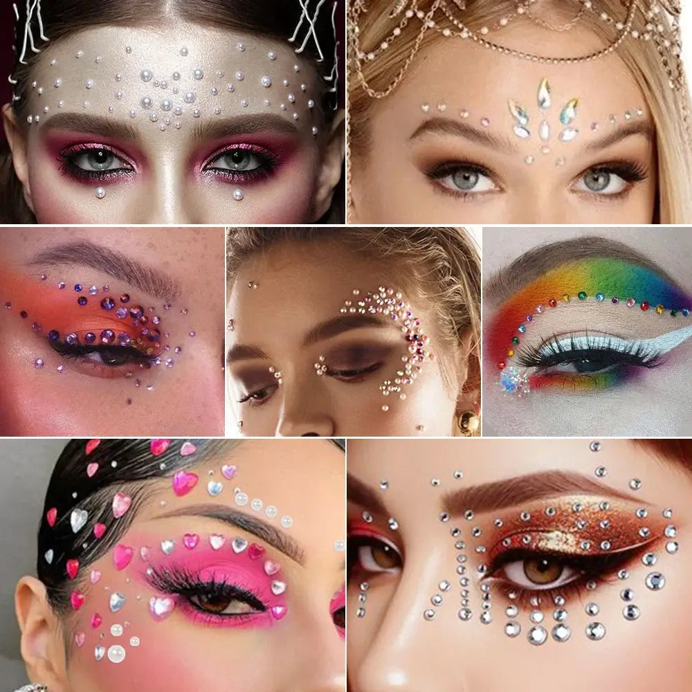 Collage of festival makeup looks featuring iridescent face gems in various shapes, including stars and hearts.