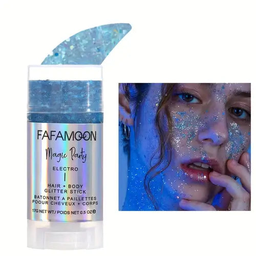 Magic Glow Glitter Stick by Fafamoon with blue shimmer, designed for hair and body, perfect for festivals and parties.
