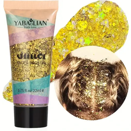 Yabalain glitter face and body gel, featuring chunky golden glitter for sparkling festival looks.