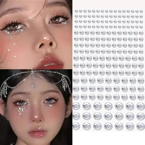 Close-up of a model with sparkle face gems and a sheet of clear rhinestones for festival makeup application.