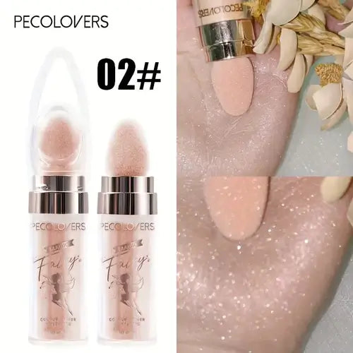 Pecolovers Fairy Dust Shimmer Powder, shade 02#: loose highlighter in container with swatch on hand showing shimmering finish.