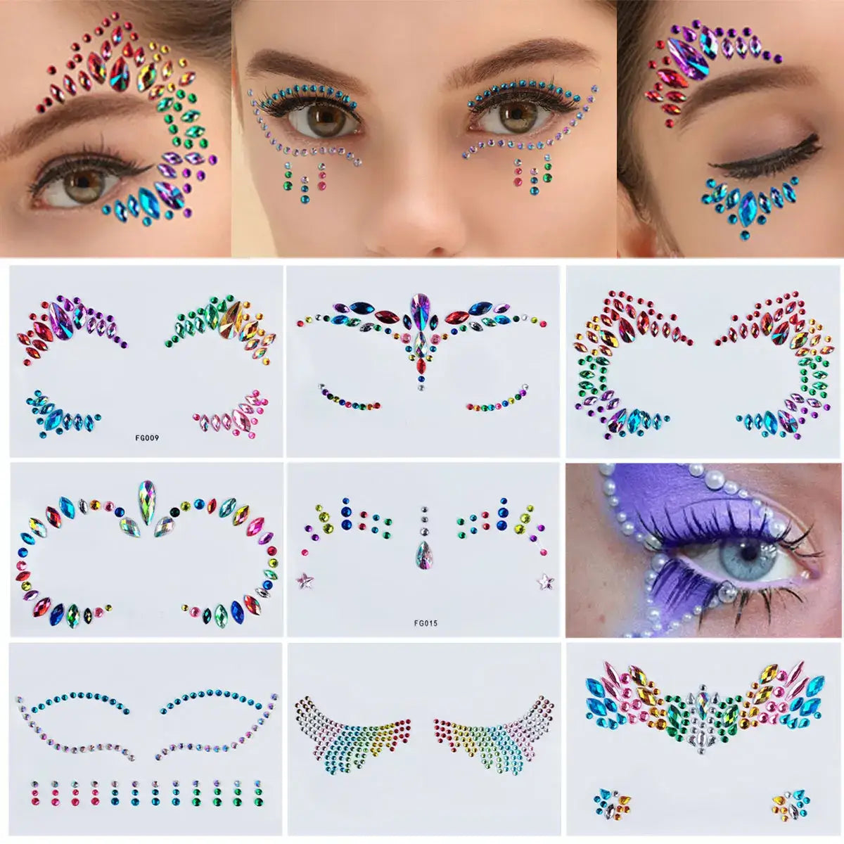 Celestial Prism Face Jewels collection showcasing colorful gemstone clusters for stunning festival makeup.
