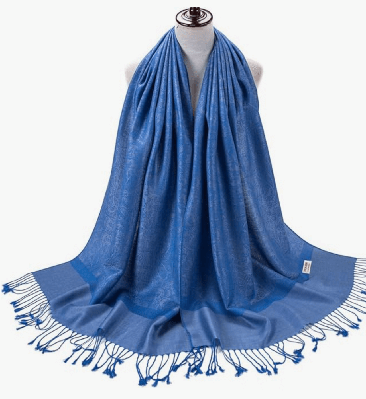 Elegant blue pashmina shawl with intricate patterns and fringed edges, perfect for adding style and warmth.