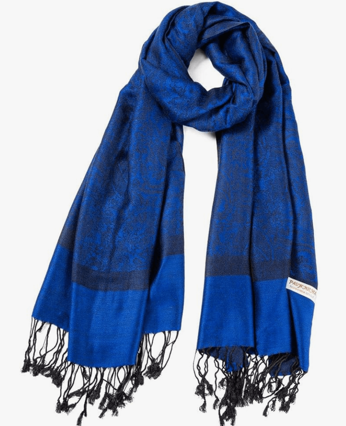 Luxurious blue pashmina scarf from the Celestial Horizons Collection, featuring elegant fringe details.