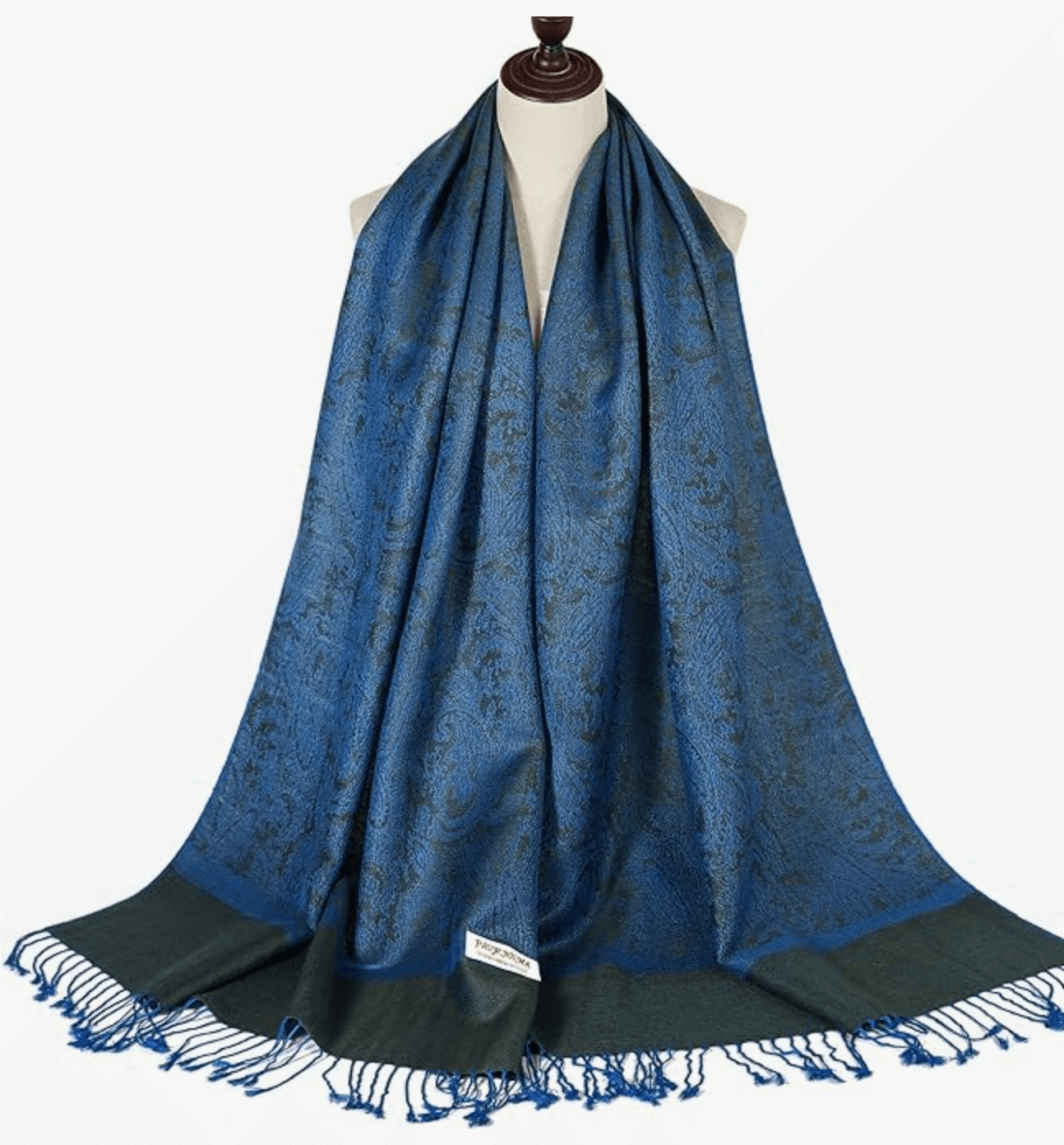 Elegant blue pashmina scarf with intricate patterns, perfect for adding a touch of luxury to any outfit.