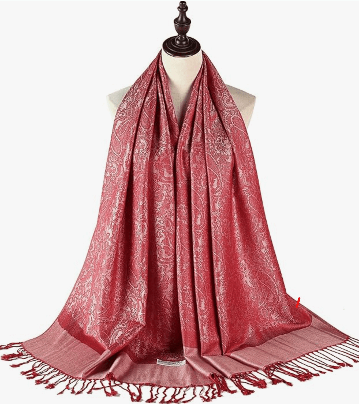 Celestial Horizons Pashmina in rich red with intricate patterns, perfect for adding elegance to any outfit.