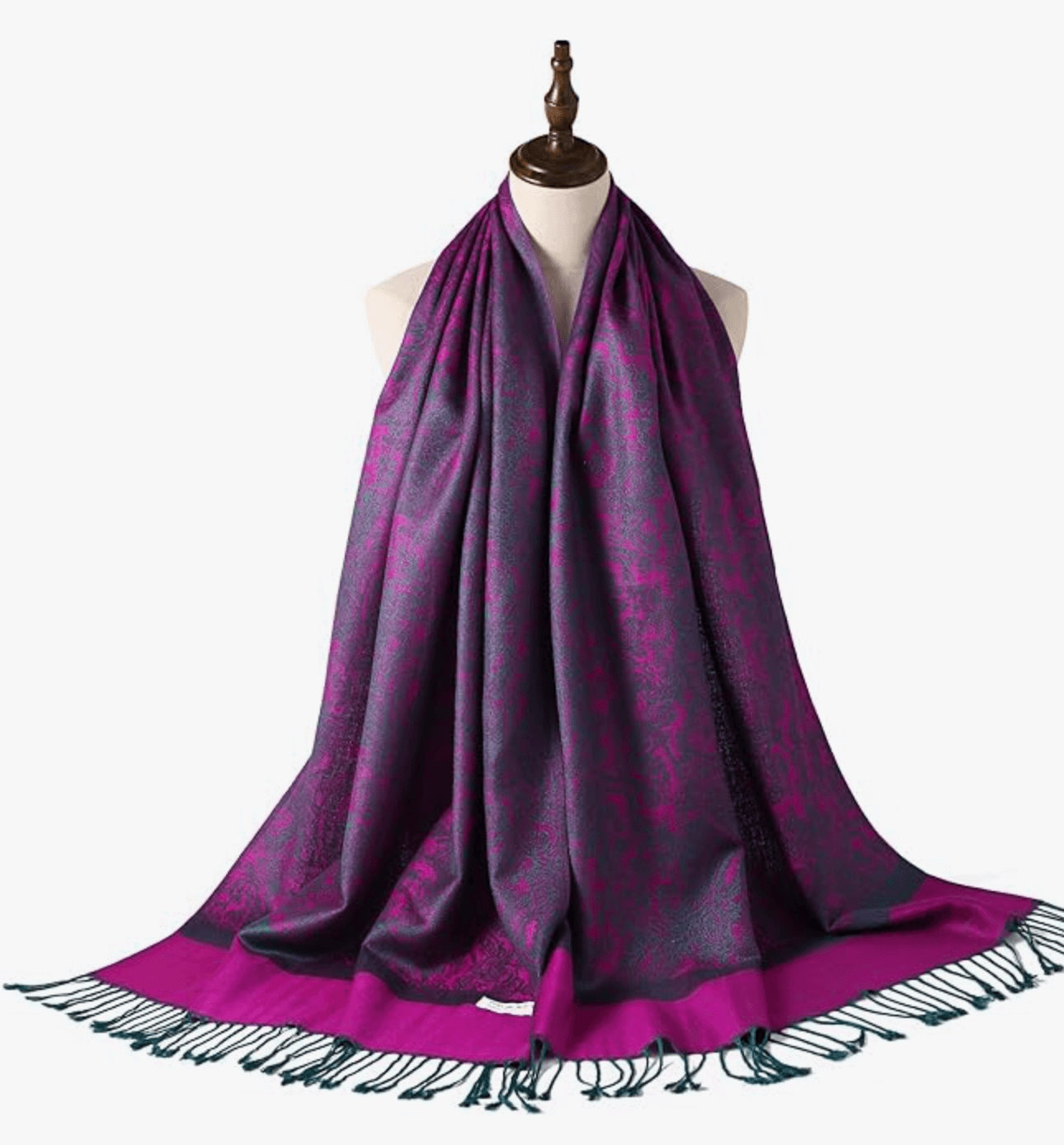 Luxurious purple pashmina scarf with intricate patterns, perfect for any season.