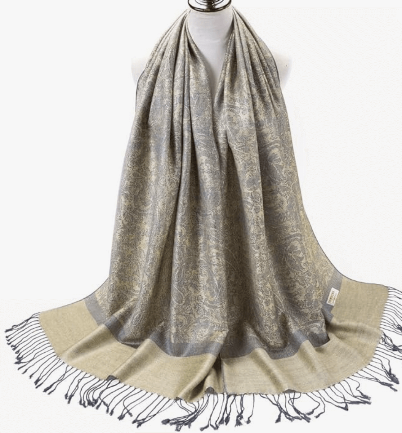 Celestial Horizons Pashmina in earthy tones, showcasing intricate patterns and delicate fringes, perfect for any stylish ensemble.