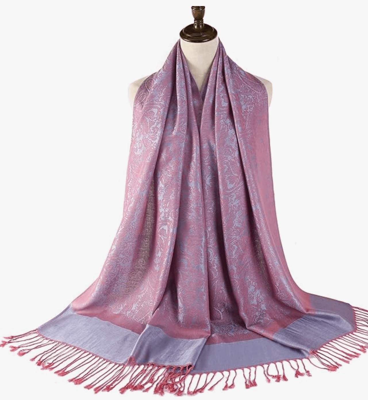 Elegant Celestial Horizons Pashmina in soft lavender tones, showcasing intricate patterns and fringed edges.