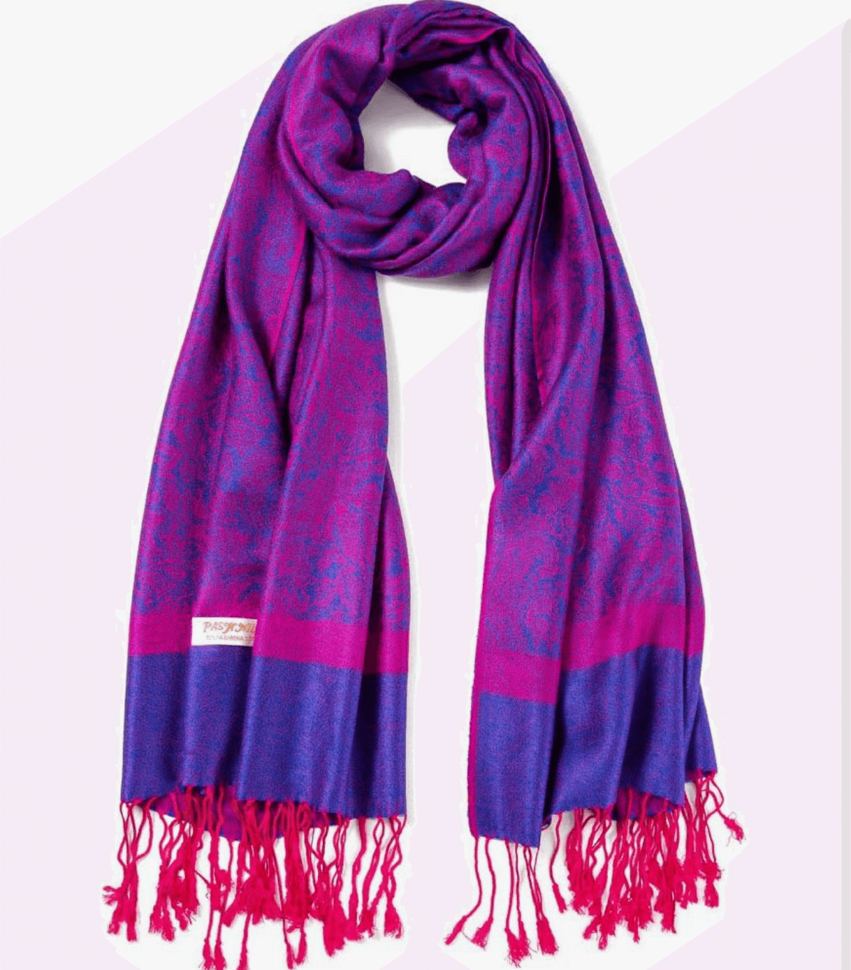 Vibrant Celestial Horizons pashmina scarf in purple and pink with decorative fringes.