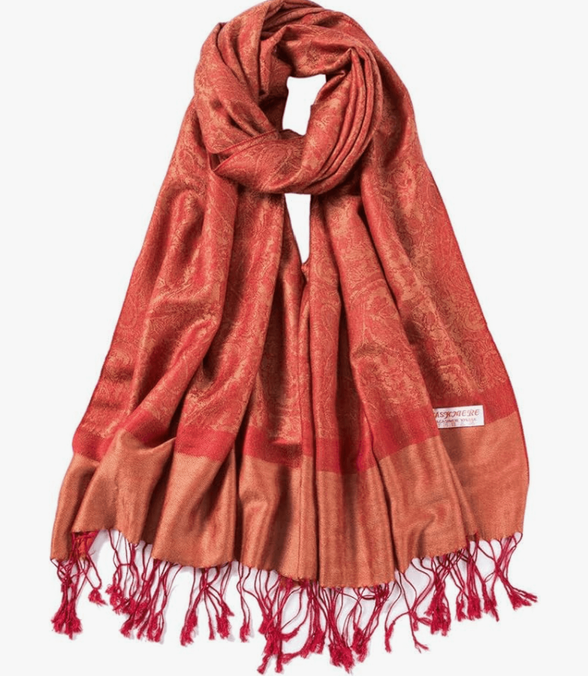 Celestial Horizons Pashmina in rich red with elegant fringes, perfect for dreamers and travelers.