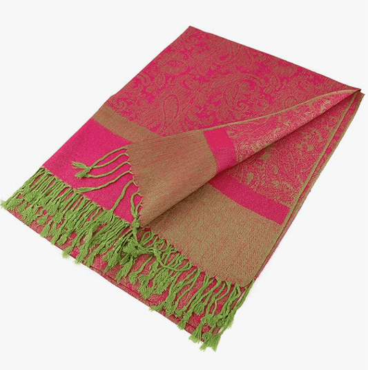Celestial Luxe Pashmina in vibrant pink and green with hand-knotted tassels, showcasing elegance and cozy comfort.