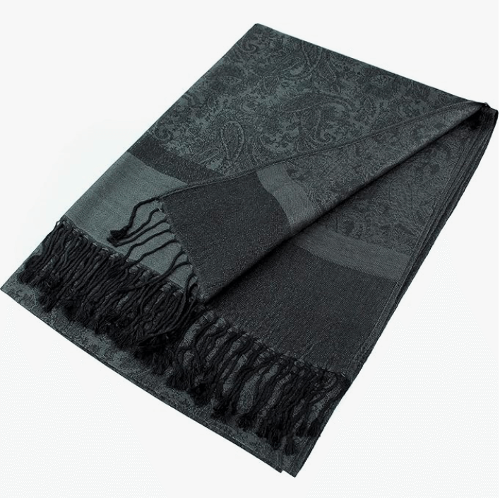 Celestial Luxe Pashmina in dark gray with intricate paisley design and hand-knotted tassels, elegant wrap for any occasion.