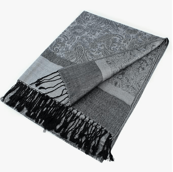 Celestial Luxe Pashmina in elegant gray with intricate patterns and hand-knotted tassels, perfect for any occasion.