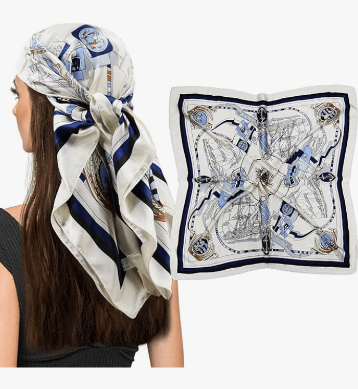 Eclipse Luxe Satin Scarf worn as a head wrap, showcasing stylish nautical patterns and vibrant colors.