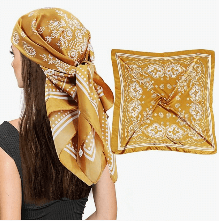 Eclipse Luxe Satin Scarf in mustard yellow with floral design, styled as a head wrap and displayed flat.