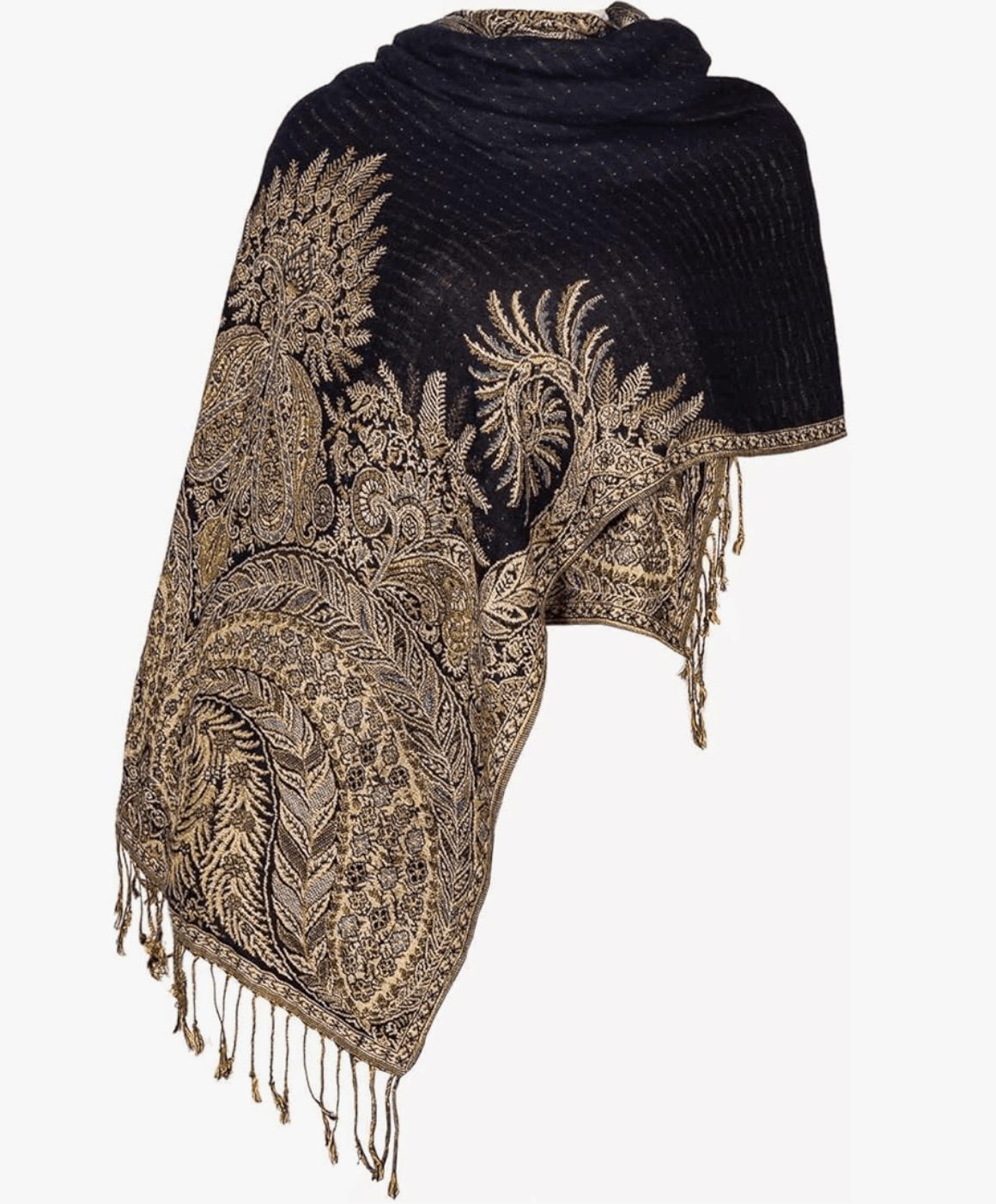 Elegant black pashmina wrap with intricate gold embroidery and fringe details from the Eternal Boho Pashmina Collection.