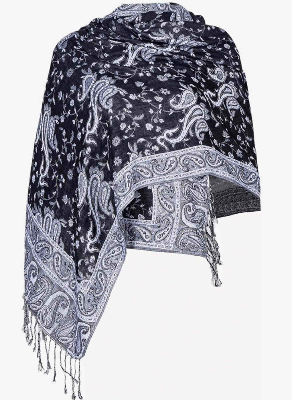 Elegant black and silver patterned pashmina shawl from the Eternal Boho Pashmina Collection with fringes.