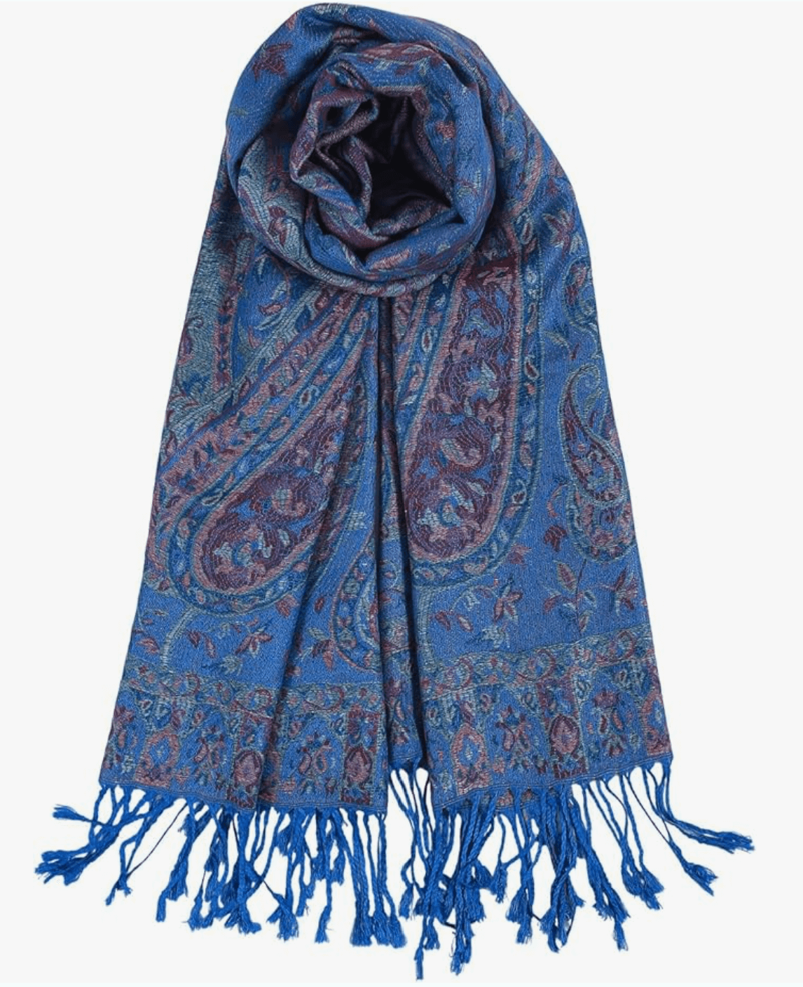 Blue paisley pashmina scarf with intricate patterns and fringed edges from the Eternal Boho Pashmina Collection.