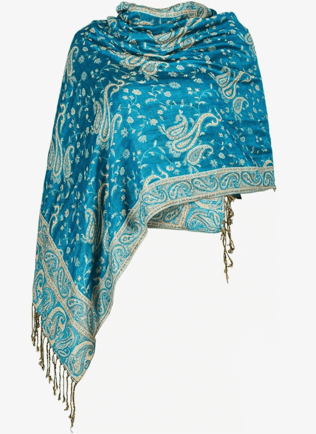 Turquoise pashmina shawl with intricate gold paisley patterns and fringed edges from the Eternal Boho Pashmina Collection.