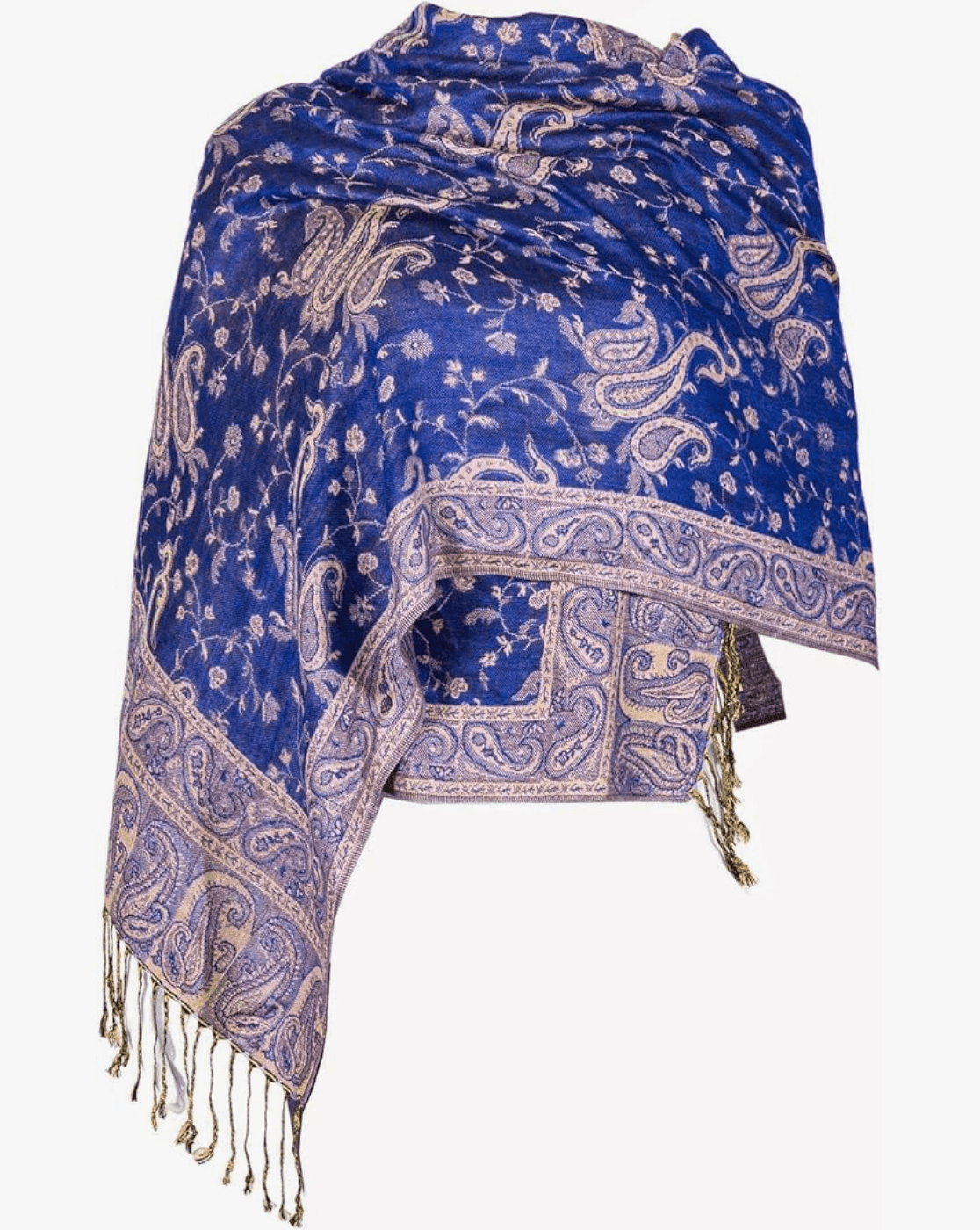 Elegant navy blue pashmina shawl featuring intricate paisley patterns and delicate fringes.