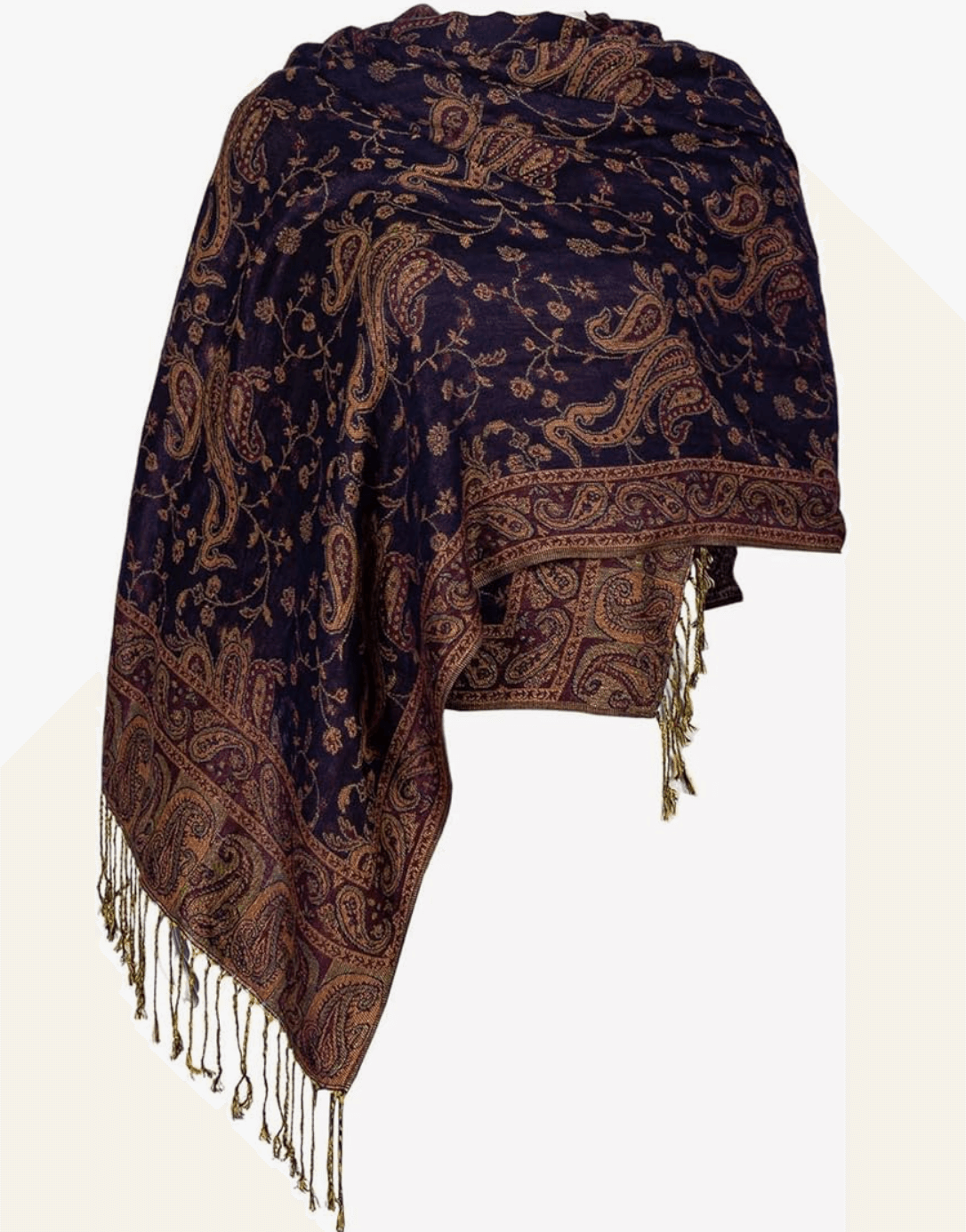 Navy blue pashmina shawl featuring intricate paisley patterns and fringed edges, perfect for boho style.