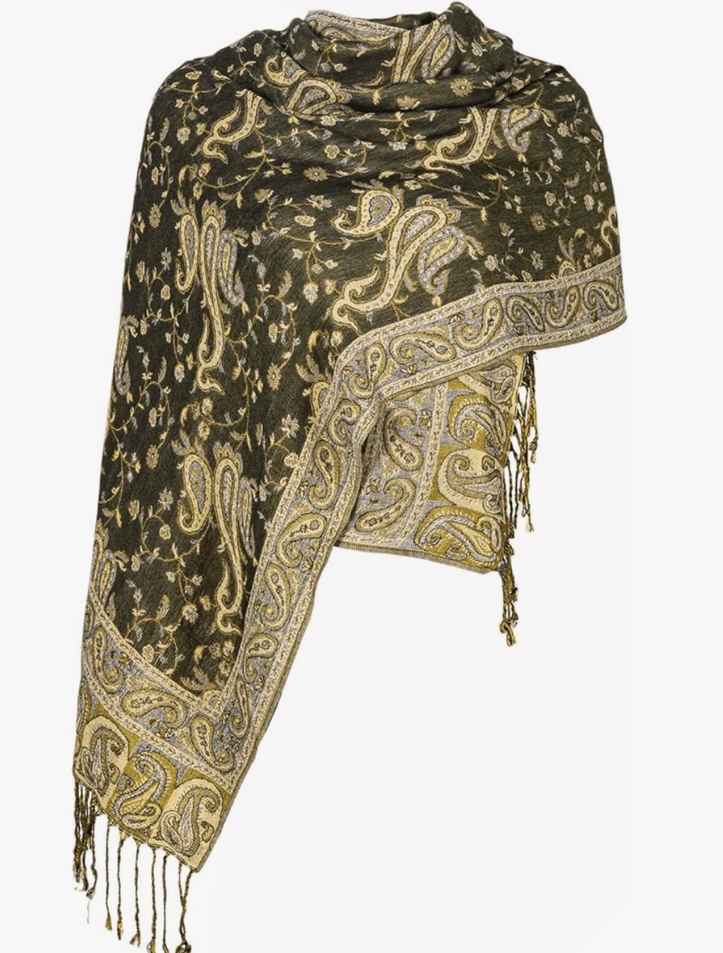 Elegant dark green pashmina shawl with intricate gold patterns and fringed edges.