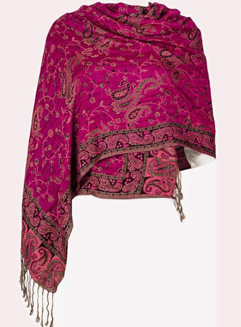 Elegant pink pashmina shawl with intricate paisley patterns and fringed edges from the Eternal Boho Pashmina Collection.