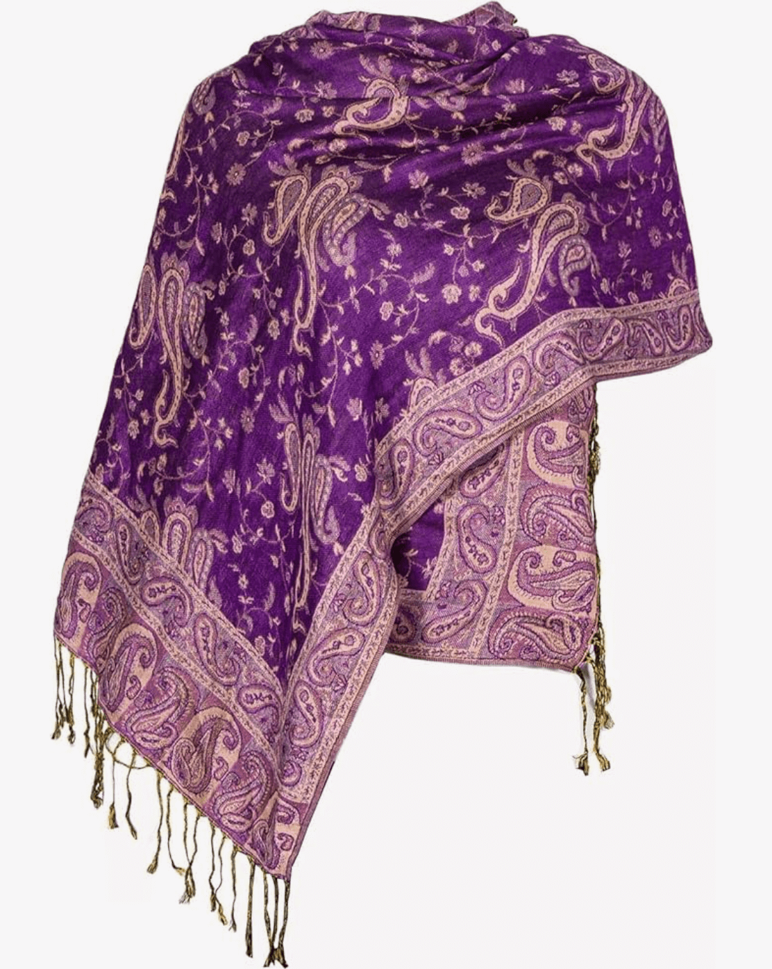 Purple boho pashmina wrap with intricate paisley patterns and fringes, perfect for adding a touch of style.