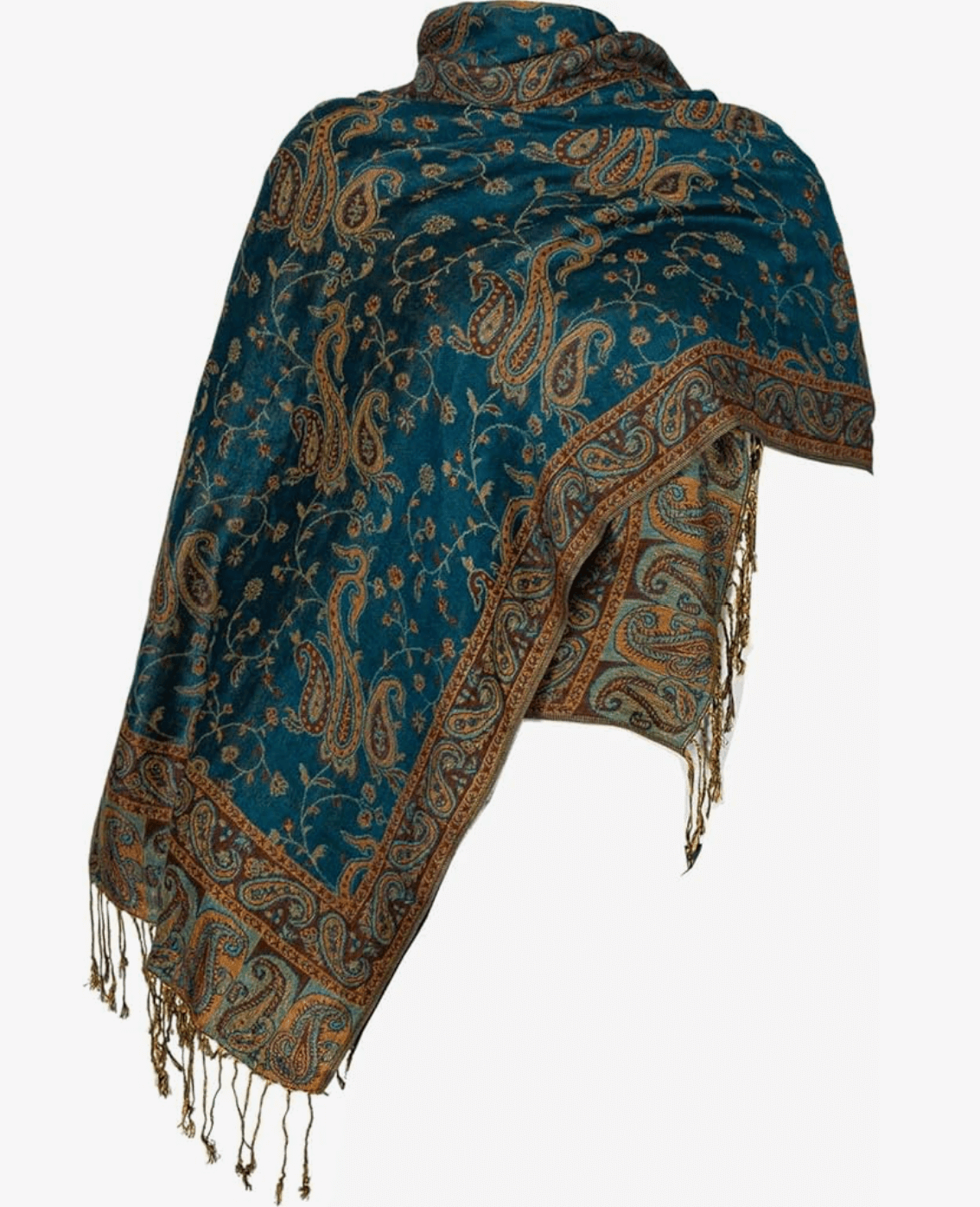 Elegant teal pashmina wrap with intricate paisley pattern and fringed edges, perfect for adding a boho touch to any outfit.