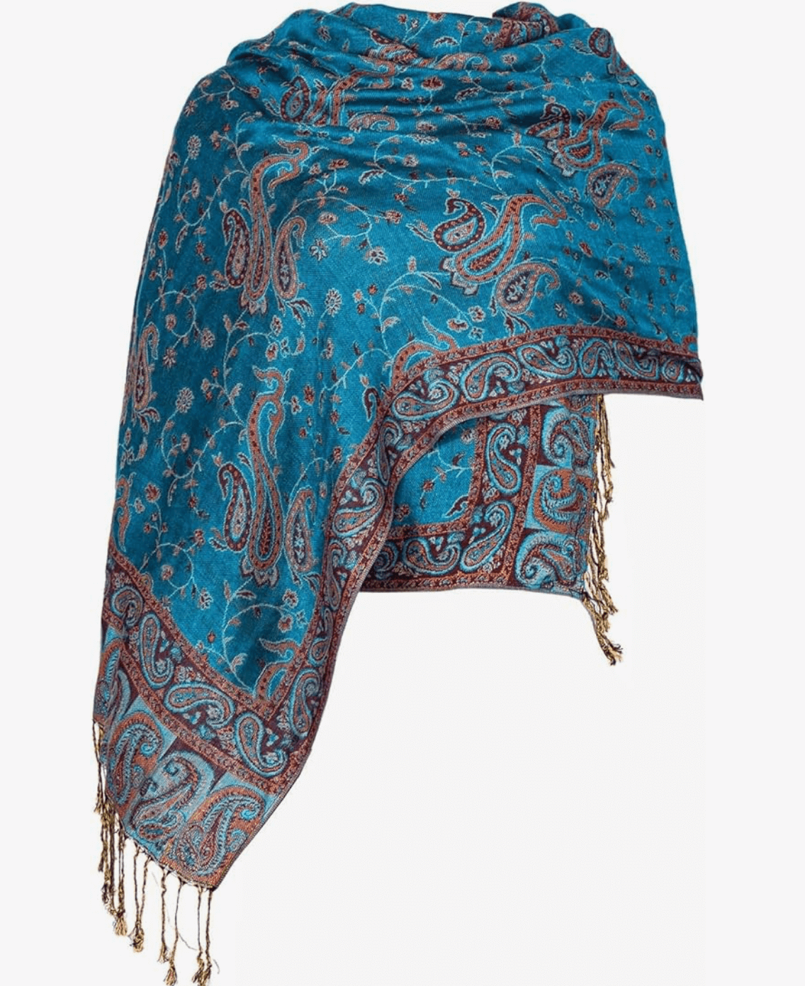 Eternal Boho Pashmina in vibrant turquoise with intricate paisley patterns and decorative fringes.