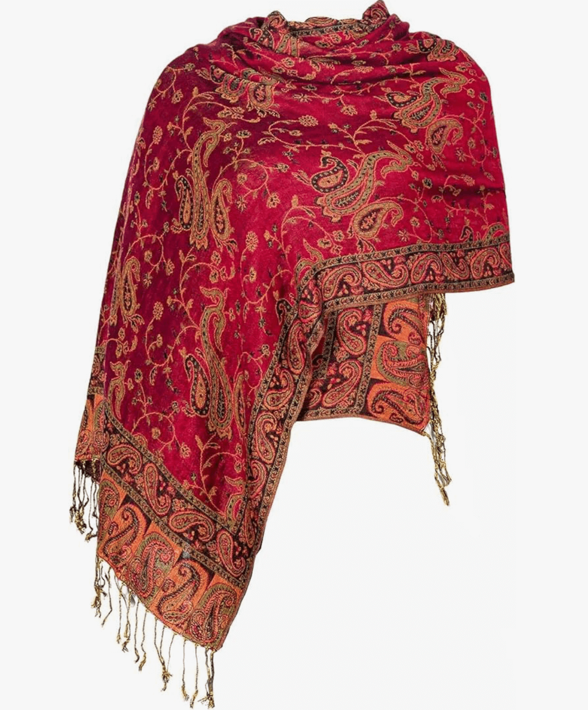 Red paisley pashmina shawl from the Eternal Boho Pashmina Collection, featuring intricate patterns and elegant fringes.