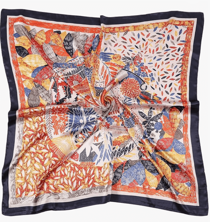 Luna Satin Headscarf - Vibrant floral and leaf design in warm colors with glossy finish, 35" x 35" size.