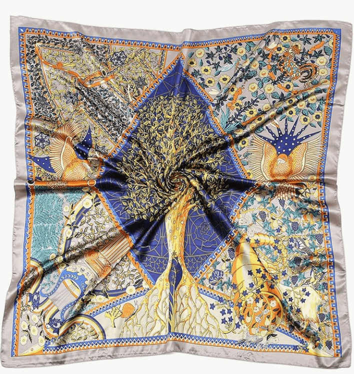 Luna Satin Headscarf with vibrant patterns and silky finish, perfect for stylish headwraps or bag accessories.