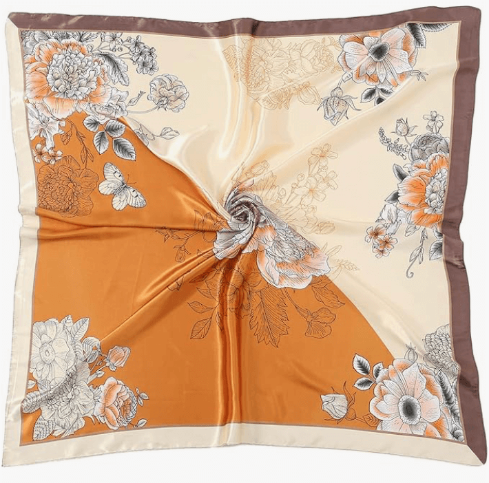 Luna Satin Headscarf in floral design, silky-soft satin fabric with a glossy finish, perfect for versatile styling.