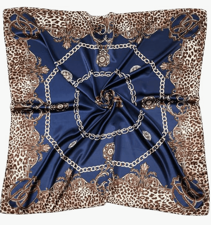 Luna Satin Headscarf featuring leopard print and chain design, perfect for stylish headwraps and accessories.