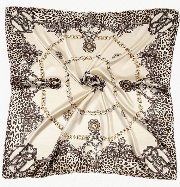 Luna Satin Headscarf in leopard print with gold chain design, perfect for stylish hair wraps and accessories.