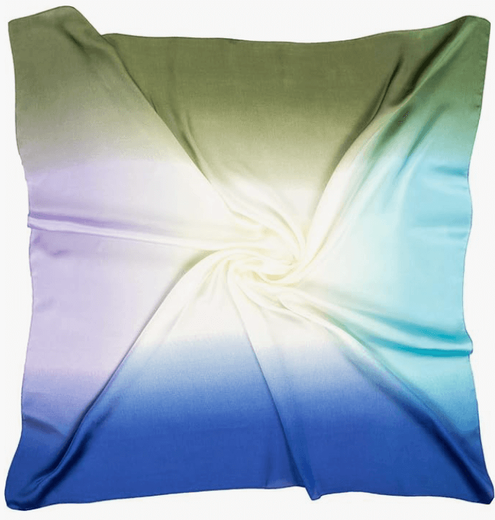 Luna Satin Headscarf displaying a stunning gradient of pastel colors from green to blue.