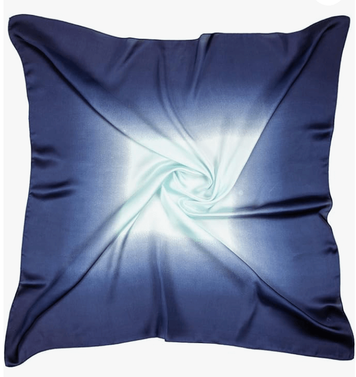 Luna Satin Headscarf in deep blue gradient, featuring a luxurious glossy finish perfect for styling and accessorizing.