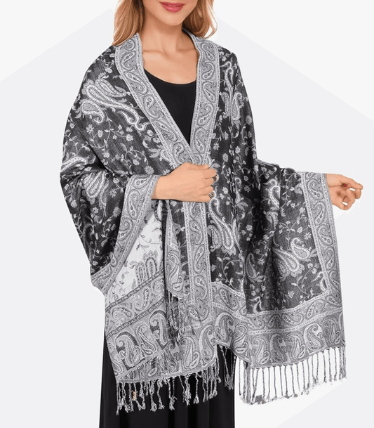 Elegant black and white festival pashmina wrap featuring intricate paisley patterns.