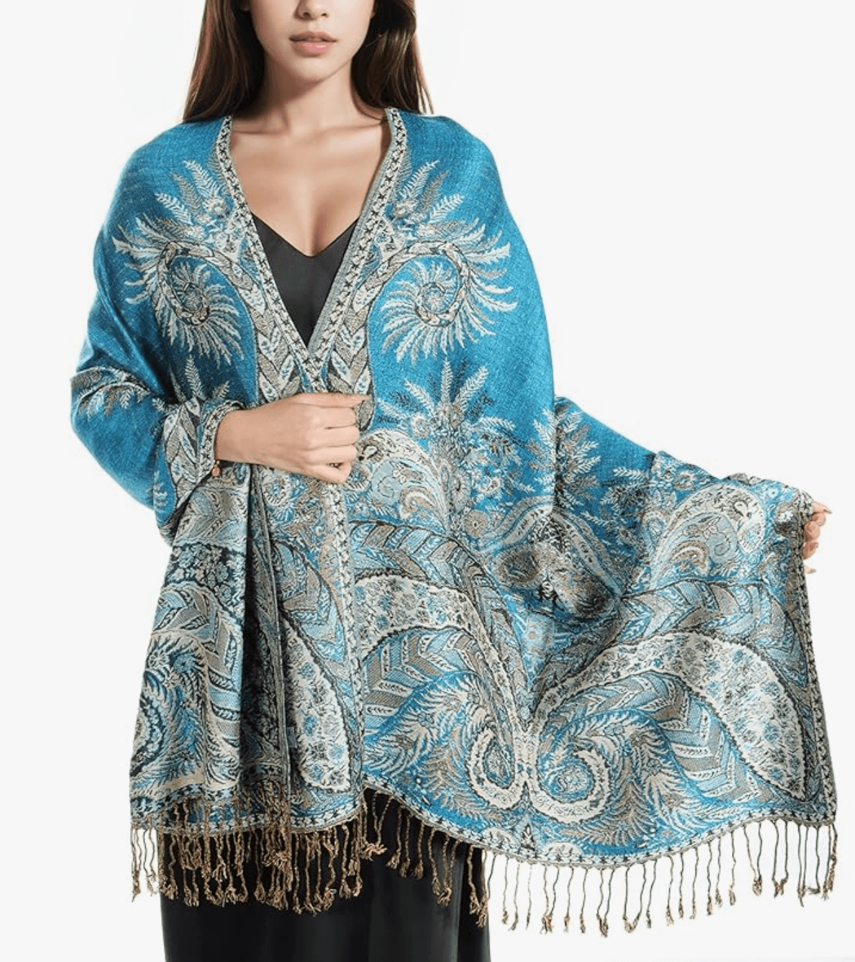 Luxury pashmina shawl in turquoise with intricate gold patterns and fringes, perfect for festivals.