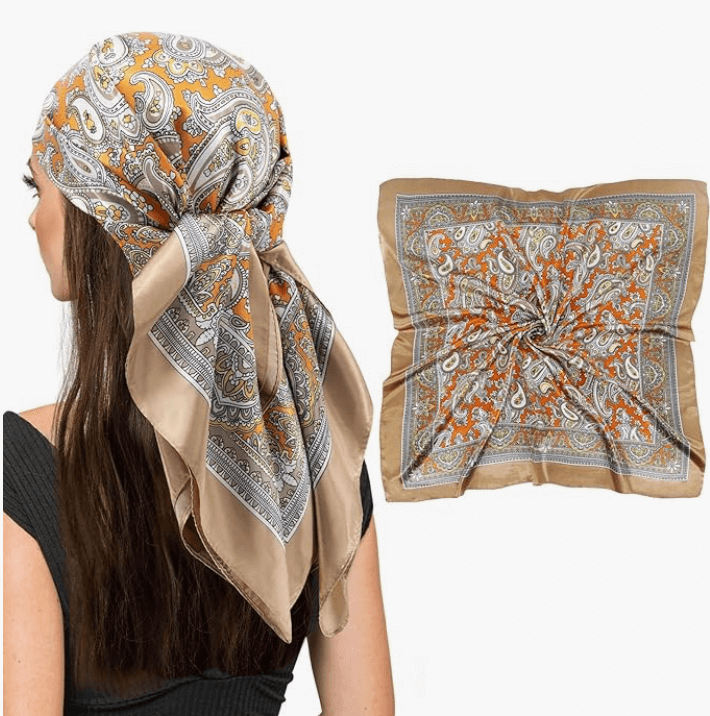 Eclipse Luxe Satin Scarf in paisley design, worn as headscarf and displayed flat, showcasing vibrant colors and intricate patterns.