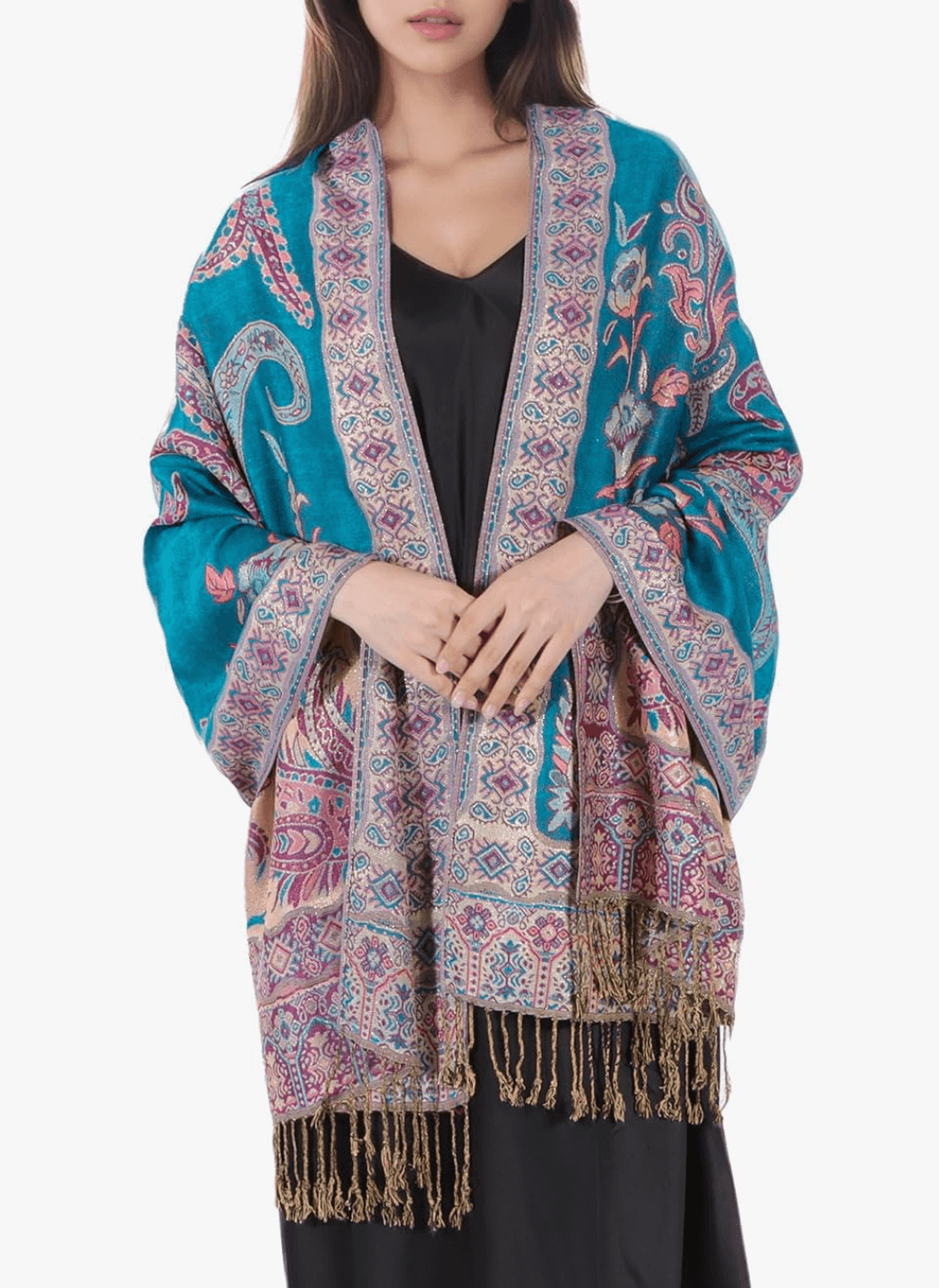 Luxury festival pashmina in vibrant blue and intricate patterns with fringed edges, perfect for stylish layering.