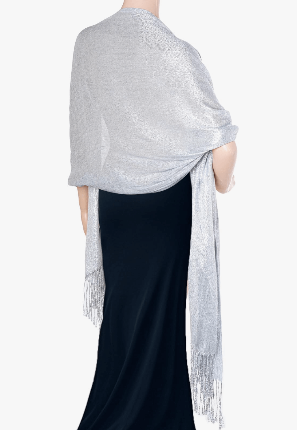 Back view of a model wearing a shimmer silver Sparkly Pashmina, showcasing the elegant fringe detailing.