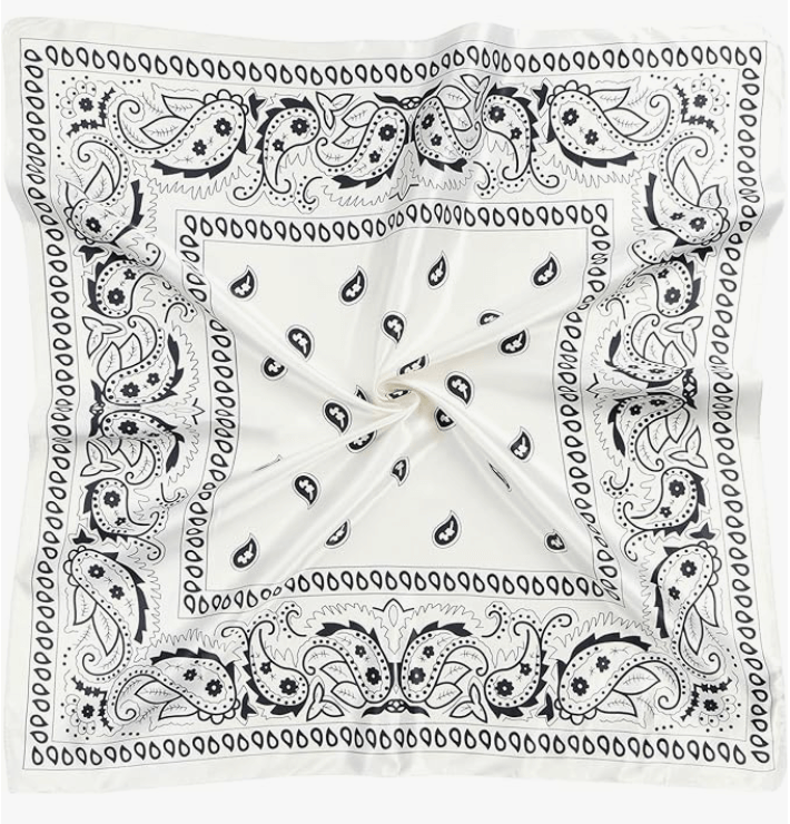 White satin headscarf with black paisley design, perfect for stylish accessories and everyday glam.