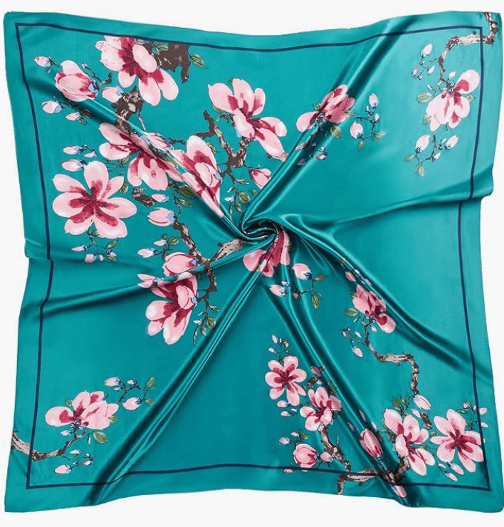 Starluxe satin headscarf in teal with pink floral design, perfect for festivals and everyday glam.