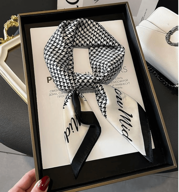 Vintage Luxe Satin Scarf in a stylish houndstooth pattern, elegantly displayed in a black gift box.