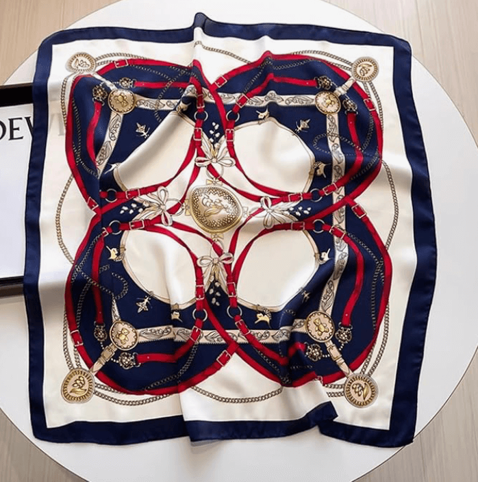 Vintage Luxe Satin Scarf in intricate design with red, navy, and gold accents on a white background.