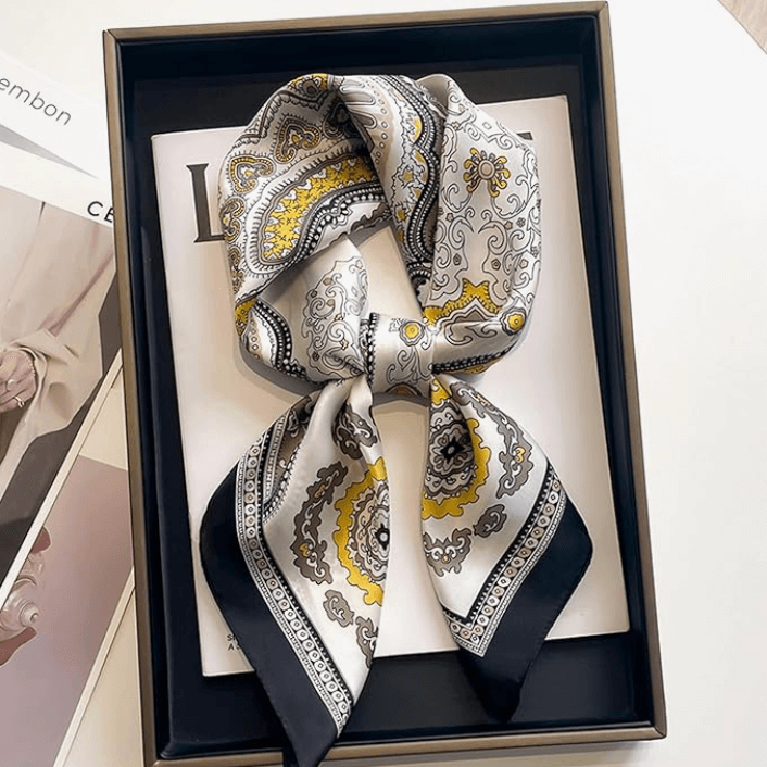 Vintage Luxe Satin Scarf in a patterned design, elegantly placed in a gift box. Perfect accessory for festivals and styling.